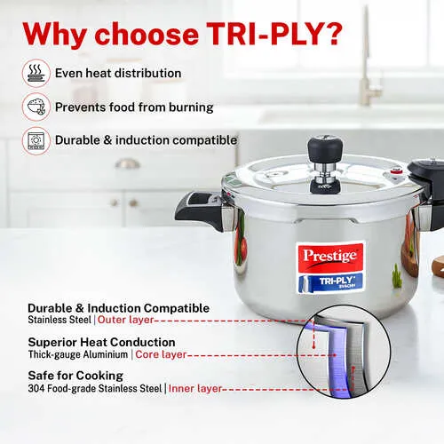  Prestige 3 Litre TRIPLY Svachh Outer Lid Pressure Cooker | Deep Lid for Spillage Control | Gas & Induction Compatible | Gasket Release System | Visual Pressure Indicator | 5Y Warranty | ISI - Detail View